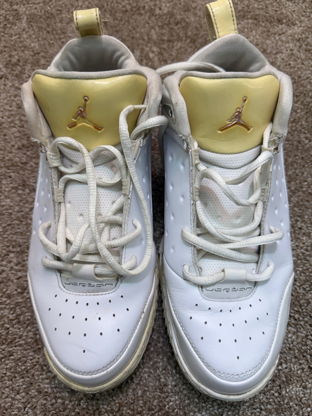 Jordan White Leather Sneakers with Pale Yellow Tongue